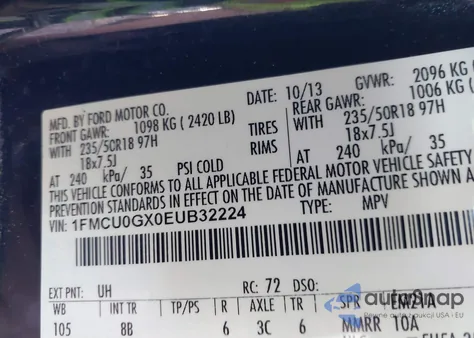 2014 Ford Escape Se from USA, damaged, VIN 1FMCU0GX0EUB32224